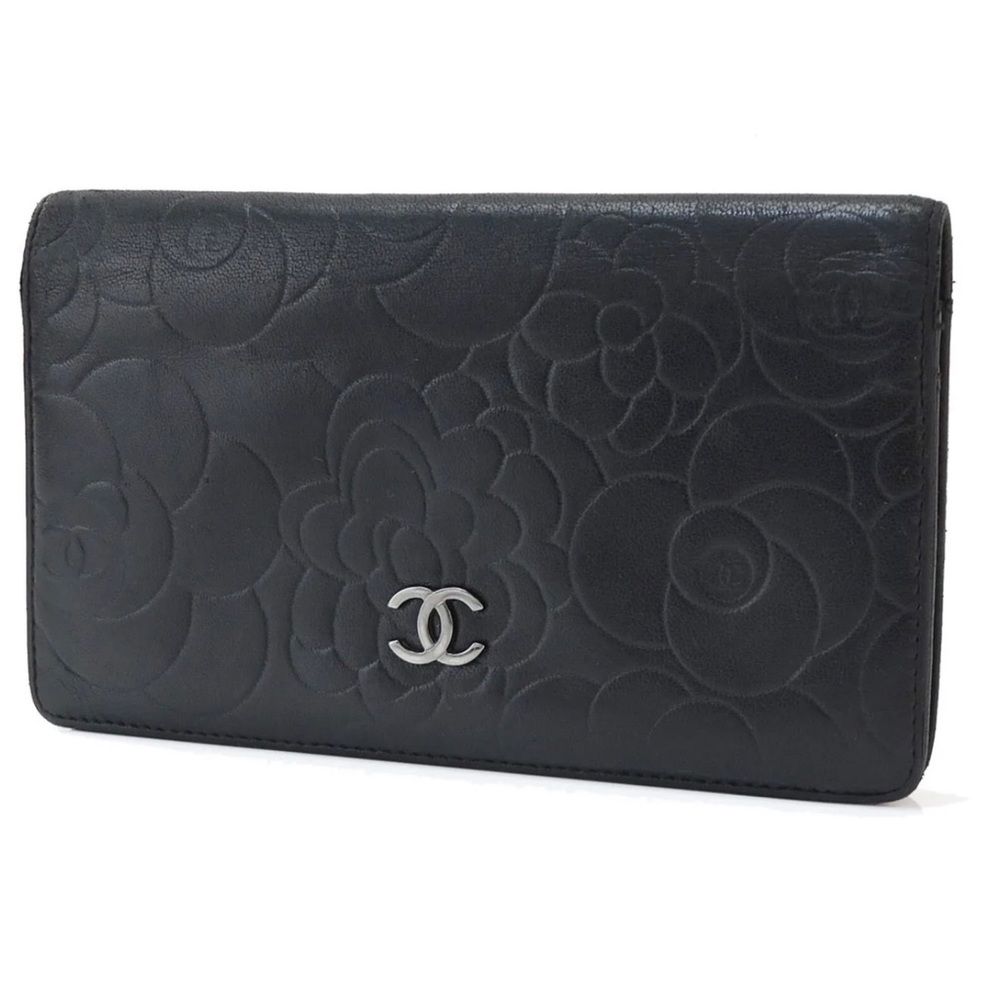 AUTH CHANEL Camellia Lambskin Long Wallet Black